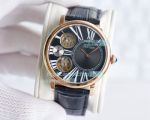 Replica Cartier Ronde De Cartier Black Dial Rose Gold Case Black Leather Strap Watch 42mm